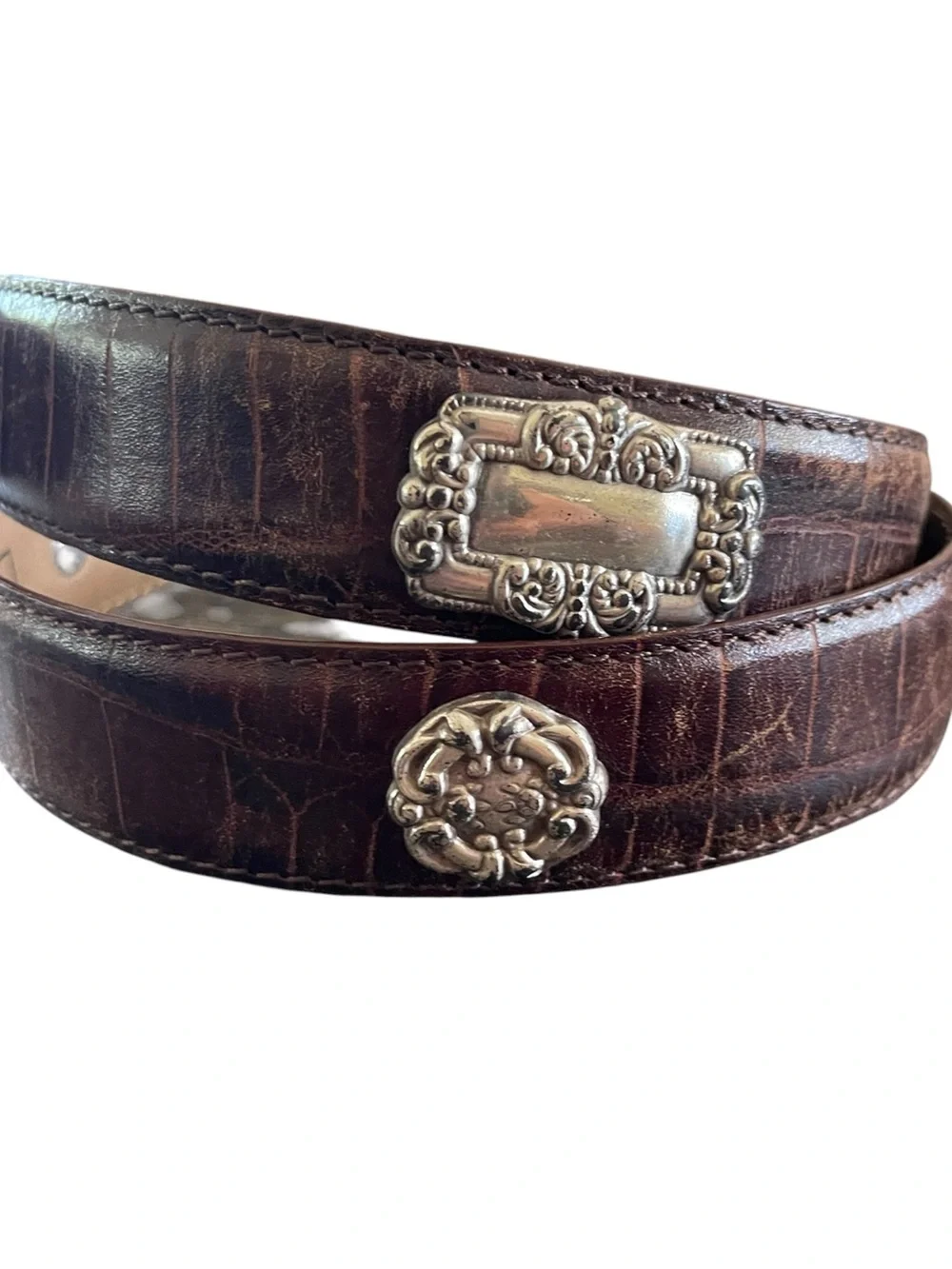 Fossil Alligator Print Embossed Leather with Silver Tone Ornate Medallions Large